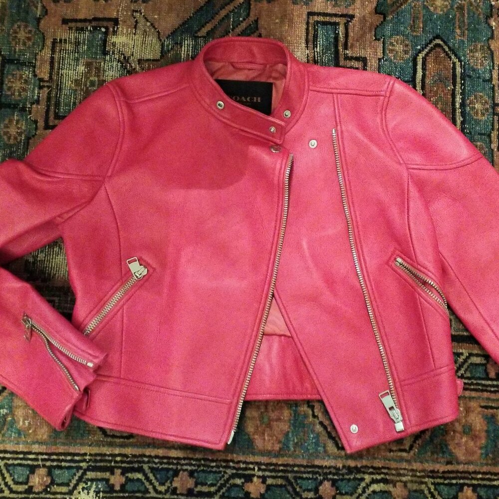 COACH Pink Ruby Leather Moto Racer Jacket Size Small